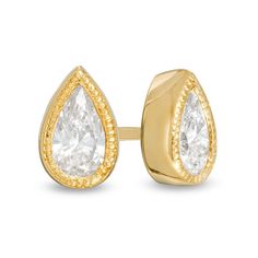 Perfectly petite, these vintage-inspired diamond stud earrings are an adorable look she'll never want to take off. Crafted in warm 10K gold, each anytime earring showcases a sparkling 1/5 ct. pear-shaped diamond solitaire in an intricate milgrain-lined bezel setting. Captivating with 3/8 ct. t.w. of diamonds and a bright polished shine, these post earrings secure comfortably with friction backs. Classic Gold Earrings With Rose Cut Diamonds, Timeless Gold Diamond Earrings With Rose Cut, Classic Teardrop Diamond Earrings For Anniversary, Classic Rose Cut Diamond Earrings For Anniversary, Classic Pear Shaped Diamond Earrings, Classic Diamond Earrings With Rose Cut For Anniversary, Yellow Gold Diamond Earrings With Rose Cut For Anniversary, Yellow Gold Rose Cut Diamond Earrings For Anniversary, Pear-shaped Yellow Gold Diamond Earrings For Anniversary