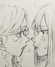 two girls looking at each other with their faces close to one another, drawing by hand