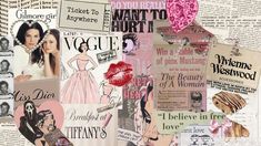 the collage is made up of many different things in pink and white colors, including newspaper pages