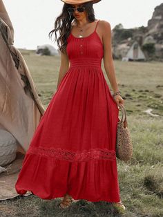 Red Casual,Boho Collar Sleeveless Fabric Plain Cami Embellished Non-Stretch  Women Clothing Red Sundress, Bohemian Lace Dress, Dresses Flowy, Different Shades Of Red, Dress For Summer, Boho Style Dresses, Women Maxi, Tiered Maxi Dress, Lace Ruffle