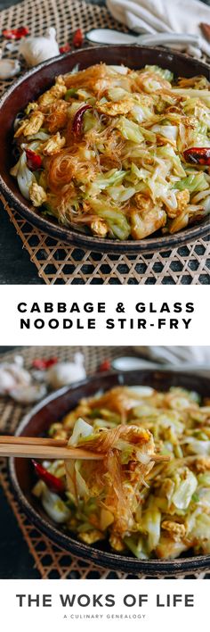 cabbage and glass noodle stir - fry in a pan with chopsticks on the side