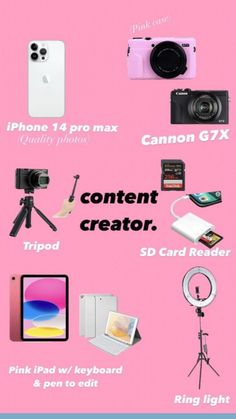 the contents of a camera, phone and other items on a pink background with text