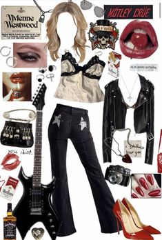 Rockstar Aesthetic Moodboard, Women Of Rock Aesthetic, 80 Rockstar Outfit, Rock N Roll Outfit Ideas, Garage Rock Outfit, Early 2000s Rock Fashion, 80s Rock Women Outfits, Rocker Chic Style Glam Rock Outfit, Rock N Roll Clothes