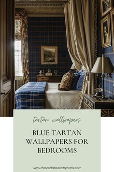 a bedroom with blue tartan wallpapers for bedspreads and pictures on the walls