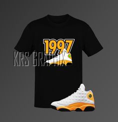 This t-shirt inspired by the Jordan 13 Retro 'Del Sol' colorway is everything you've dreamed of and more. It feels soft and lightweight, with the right amount of stretch. It's comfortable and flattering for both men and women. This Jordan inspired design is perfect for sneakerheads everywhere!  * 100% combed and ring-spun cotton (Heather colors contain polyester) * Ash color is 99% combed and ring-spun cotton, 1% polyester * Heather colors are 52% combed and ring-spun cotton, 48% polyester * Ath Jordan 13 Del Sol Outfit, Sublimation Print T-shirt For Sports Season Streetwear, Retro Streetwear T-shirt For Sports Season, Retro T-shirt For Sports Season Streetwear, Throwback Logo Print T-shirt For Streetwear, Throwback T-shirt With Logo Print For Streetwear, Throwback Streetwear T-shirt With Logo Print, Jordan 13 Retro, Sneaker Match Tees