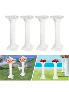 four white pedestals with flowers in them