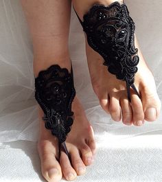 Beaded black lace wedding sandals free shipping by ByDreamShop Elegant Black Beaded Anklets, Black Beaded Festival Anklets, Black Beaded Anklets For Festival, Elegant Adjustable Barefoot Sandals For Party, Handmade Barefoot Sandals For Party, Handmade Ankle Wrap Barefoot Sandals For Party, Adjustable Barefoot Sandals With Ankle Strap For Party, Black Bohemian Anklets For Party, Bohemian Black Anklets For Party