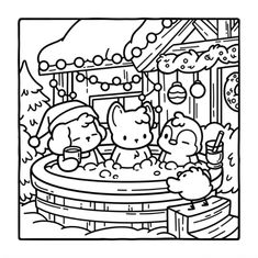 the hello kitty coloring page is shown in black and white, with an image of two children