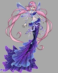 a fairy with pink hair and blue dress