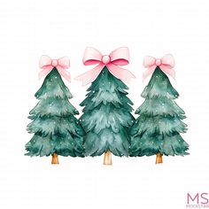 three watercolor christmas trees with pink bows