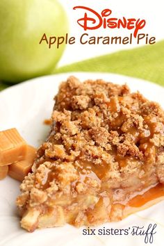 a slice of apple caramel pie on a white plate