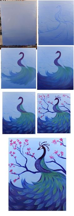 several pictures of peacocks and flowers painted on canvases