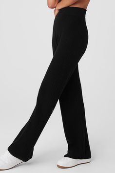 These pants go beyond lounge—they’re next-level luxurious. Done in a waffle knit texture and crafted from the softest, snuggliest cashmere you’ve ever felt, these are the kind of pants you’ll never want to take off. The laid-back fit pairs drapey wide-legs with a high-rise ribbed waistband, for a cozy-chic silhouette that looks even better with the Cashmere Plush Waffle Cropped Long Sleeve. Black Lounge Pants For Winter, Black Lounging Pants For Winter, Cozy Black Bottoms For Lounging, Alo Yoga Full Length Loungewear Pants, Alo Yoga Full-length Loungewear Pants, Cozy Black Lounging Bottoms, Fall Cashmere Sweatpants For Loungewear, Alo Yoga Bottoms For Fall Loungewear, Cozy Cashmere Lounge Bottoms