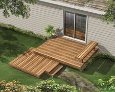 an artist's rendering of a wooden deck in a backyard with grass and flowers