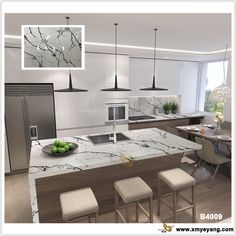 a modern kitchen with marble counter tops and stainless steel appliances