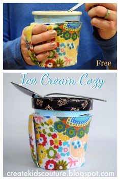 two pictures with the words ice cream cozy on them and an image of a woman holding a