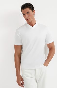 Fine natural cotton fiber enriches the soft jersey, a lightweight fabric with a soft, fluid hand. Crew-neck Regular fit Modern White V-neck Top, White Stretch Modern T-shirt, Anniversary Sale, Brunello Cucinelli, Jersey T Shirt, Lightweight Fabric, Cotton Fiber, Natural Cotton, Nordstrom