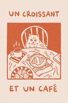 an orange and white drawing of a cat laying in bed with food on the table