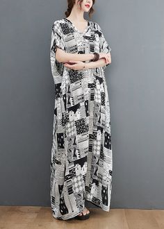 Plus Size Black White Print V Neck Beach Long Dress Short SleeveFabric: Cotton BlendedSize & Fit: Fit: This garment fits true to size.Length: Size 5XL measures 54.6"from shoulder to hemBust: Great for any cup size. Waist: Loose Fit. Comfortable room throughout midsection.Hip: Loose Fit - room for hips. Hand Wash Cold. Black Short Sleeve Maxi Dress For Beach Season, Casual Black Maxi Dress Beach Cover-up, Casual Black Maxi Dress For Beach, Black Free Size Dresses For Beach Season, Free Size Black Dress For Beach Season, Free-size Black Dress For Beach Season, Beach Long Dress, Long Fall Dresses, Long Beach Dress