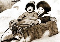 a drawing of two children in a sled on snow covered ground with an animal behind them