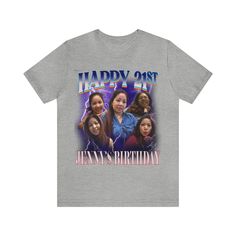 a grey t - shirt with an image of the cast of hannah's birthday