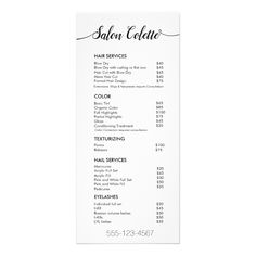 the salon service menu is shown in black and white