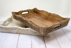 Set Of White & Oak Rustic Hand carved Modern farmhouse Serving tray 15 inch - Snuglily Organizing Accessories, Farmhouse Serving Trays, Rustic Modern Farmhouse, Wood Serving Tray, Serving Tray Wood, Farmhouse Decoration, Wood Surface, Rustic Modern, Keep Jewelry