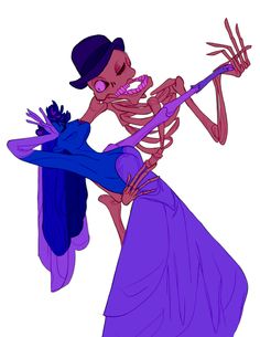 a skeleton dressed as a woman holding a stick and wearing a hat with her hands in the air