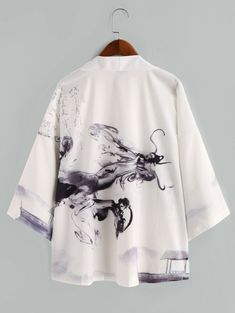 Chinese Ink Painting Print Open Front Kimono Cardigan  WHITE , #AFFILIATE, #Painting, #Print, #Chinese, #Ink, #Open #Ad Collarless Shirt, Cheap Mens Fashion, Mens Winter Coat, Print Kimonos, Kimono Cardigan, Ink Painting, Online Clothing Stores, Pop Fashion, Kimonos