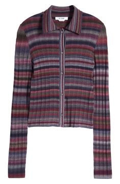 This polished, close-fitting ribbed cardi is patterned in colorful stripes and topped with a polo-inspired spread collar. 20" length (size Medium) Front button closure Spread collar Long sleeves 100% wool Dry clean or hand wash, line dry Imported Polo Cardigan, Top Brands, Lavender, Dry Clean, Hand Wash, Nordstrom, Stripes, Long Sleeves, Size Medium