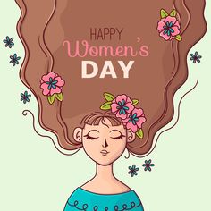 a woman with flowers in her hair and the words happy women's day