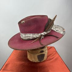 *PRICE INCLUDES $15 HAT BOX* Premium Wool Felt  4 1/4 Crown, 3 3/4in inch brim  Custom Color, Distressing, Band and Accessories Colors may vary slightly. Although each hat is unique a similar hat can be made in various sizes.  All Sales Final Burned Hats, Hats Ideas, Pencil Roll, Painted Desert, Desert Painting, Hat Box, Monterey, Wool Felt, Comfort Colors