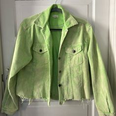 Nwot Lime Green Corduroy Jacket. Distressed Detailing And Washed Detail, Functional Buttons Trendy Spring Outerwear With Corduroy Collar, Green Button-up Cotton Denim Jacket, Green Cotton Button-up Denim Jacket, Green Cotton Denim Jacket For Fall, Trendy Green Denim Jacket For Spring, Green Long Sleeve Denim Jacket For Spring, Spring Corduroy Button-up Outerwear, Green Button-up Denim Jacket For Fall, Casual Green Corduroy Outerwear