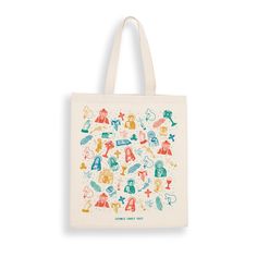 a tote bag with an image of children's toys on it