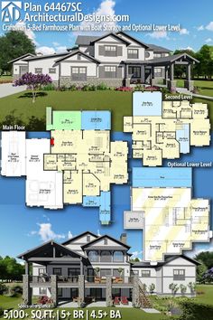 two story house plans with lots of different floor plans for the front and back of the house