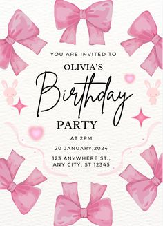 Super cute girly and coquette pink bow birthday invitation for all ages! Digital Birthday Invitations Zazzle, Pink Minnie Bow Invitations, Your Invited To My Birthday Party, Social Distancing Birthday Party, Barbie 5th Birthday Party Email Or Sms Invitations, 15 Birthday Party Invitations, Pretty In Pink Birthday Invitations, Ideas For Birthday Invitations, 20th Birthday Pink Theme