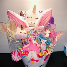 a basket filled with toys and other items