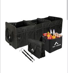 three black cooler bags with drinks and utensils in them on a white background