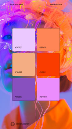 an image of a woman's face with multiple colors on it, including orange and pink