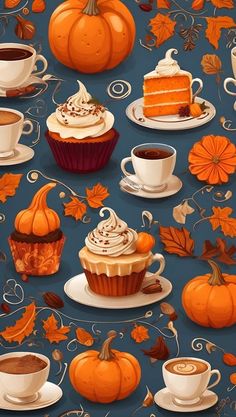 cupcakes, pumpkins and coffee on a blue background