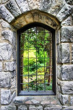 a window in a stone wall with bars on the windowsill and trees behind it