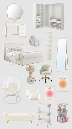 an assortment of white furniture and accessories including a bed, chair, desk, mirror, lamp, bookshelf