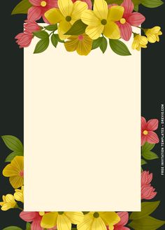 a white paper with yellow and red flowers around it on a black background, surrounded by green leaves