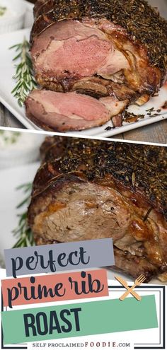 two pictures of prime rib roast on white plates with rosemary sprigs and text overlay