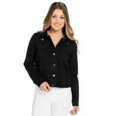 Kate & Mallory® Stretch Denim Lace Paneled Button Front 4-Pocket Jacket  Color : Black  Size : L  A445454 evine A little bit feminine. A little bit traditional. After all, what more could you want in a denim jacket?! This stretch denim jacket is the perfect add-on to your already cute outfit of skinny jeans, chiffon top and ankle booties. Available in your choice of color, the backside of jacket features a romantic lace panel with a subtle scalloped hem. You'll find four pockets, six buttons dow Jacket Outfit, Romantic Lace, Denim And Lace, Pocket Jacket, Cute Outfit, Lace Panelled, Chiffon Top, Jacket Sale, Fashion Essentials