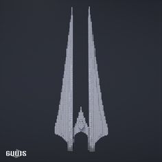 two tall buildings made out of legos in the dark