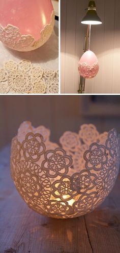 three pictures with different types of doily on them and one has a lamp in the shape of a bowl