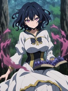 an anime character sitting in the woods with her hands on her knees and holding a book