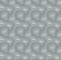 a pattern with swans on it in grey and white colors, as well as dots