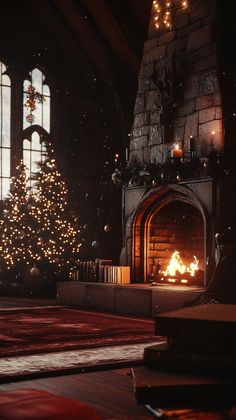 a living room filled with furniture and a fire place in front of a christmas tree